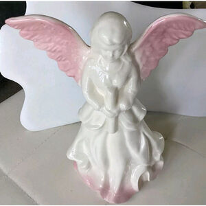 Angel Statue White & Pink Porcelain HandMade Holding Scroll Large 9” GIFT 4 HER